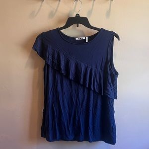Three dots flattering navy tank.  One shoulder ruffle. 1x.